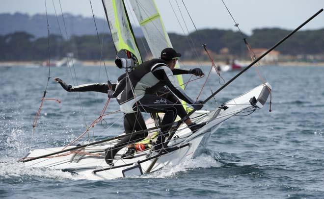 Manu Dyen and Stéphane Christidis, 49er medal race - 2014 ISAF Sailing World Cup Hyeres © Franck Socha